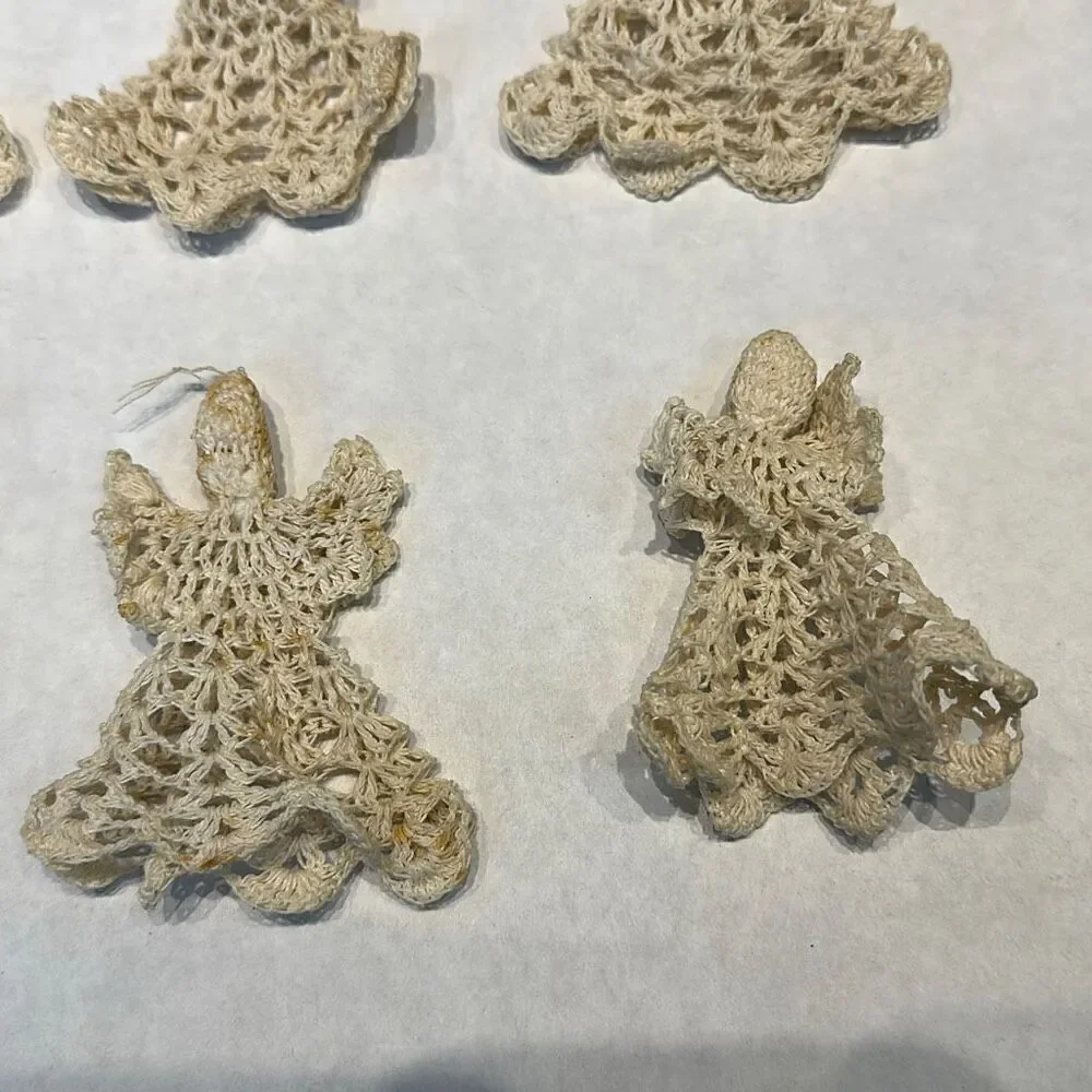 Vtg Angel Ornament Starched Crochet Cream Beige Off White Set Lot 10 Crocheted
